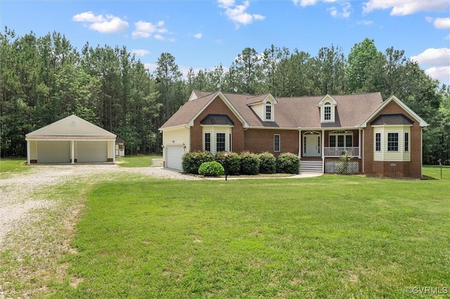 13531 Butlers Rd, Amelia Courthouse, VA 23002 - cape cod home featuring covered porch, a front lawn, a detached garage, and brick siding