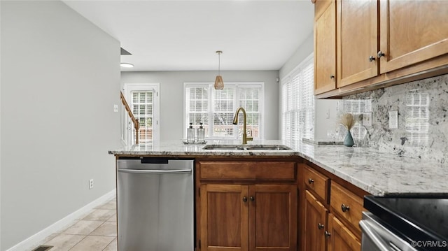 500 Village Gate Dr, Midlothian, VA 23114 - kitchen with dishwasher, a peninsula, backsplash, light tile patterned floors, and light stone counters