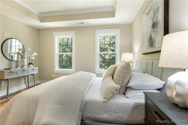 117 Meeting Pl, Williamsburg, VA 23185 - bedroom featuring a tray ceiling, wood finished floors, and ornamental molding