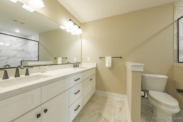 117 Meeting Pl, Williamsburg, VA 23185 - bathroom featuring marble look tiles, double vanity, and a marble finish shower