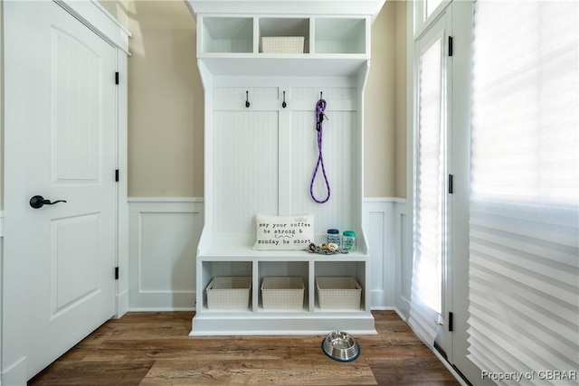 117 Meeting Pl, Williamsburg, VA 23185 - mudroom with a decorative wall, wainscoting, and wood finished floors