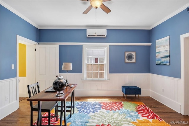 429 4th St, West Point, VA 23181 - home office with a wall mounted air conditioner, wood finished floors, a wainscoted wall, ceiling fan, and ornamental molding