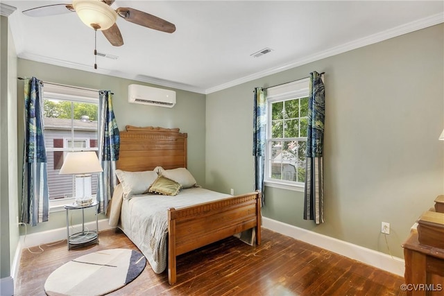 429 4th St, West Point, VA 23181 - bedroom featuring a wall mounted air conditioner, multiple windows, wood finished floors, ornamental molding, and ceiling fan