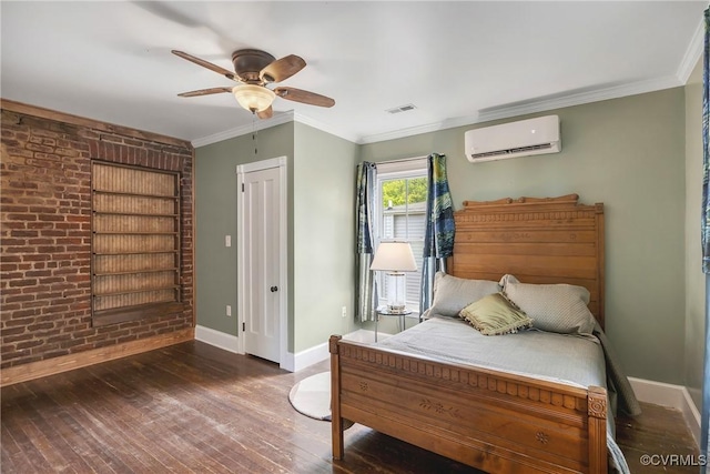 429 4th St, West Point, VA 23181 - bedroom with an AC wall unit, brick wall, hardwood / wood-style floors, ceiling fan, and ornamental molding