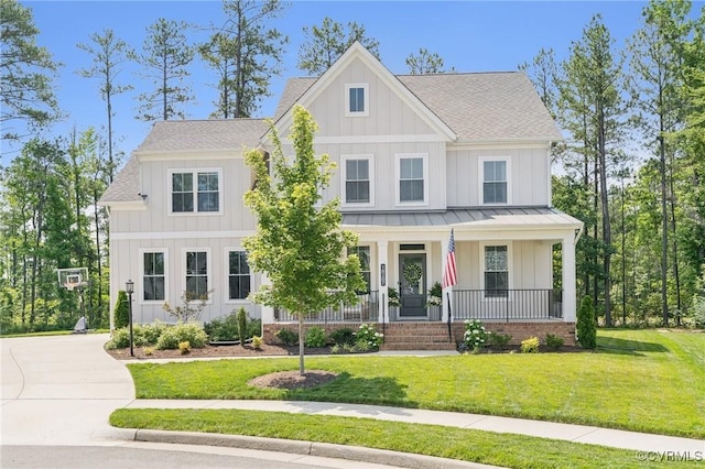 18207 Maple Summit Ct, Moseley, VA 23120 - modern inspired farmhouse featuring a standing seam roof, board and batten siding, a porch, a shingled roof, and a metal roof