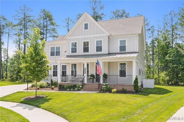 18207 Maple Summit Ct, Moseley, VA 23120 - modern farmhouse with a standing seam roof, covered porch, board and batten siding, and a shingled roof