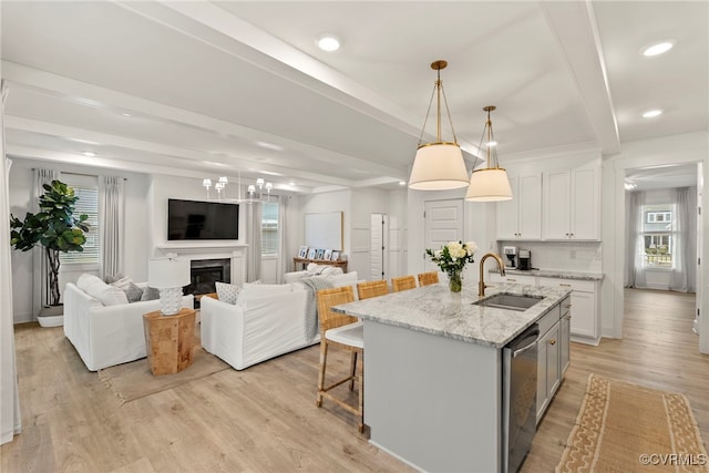 18207 Maple Summit Ct, Moseley, VA 23120 - kitchen featuring dishwasher, healthy amount of natural light, white cabinets, beamed ceiling, and recessed lighting