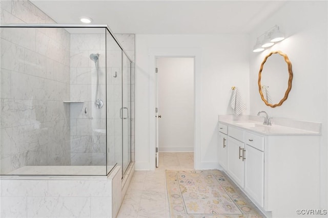 18207 Maple Summit Ct, Moseley, VA 23120 - bathroom featuring vanity, a shower stall, and marble finish floors