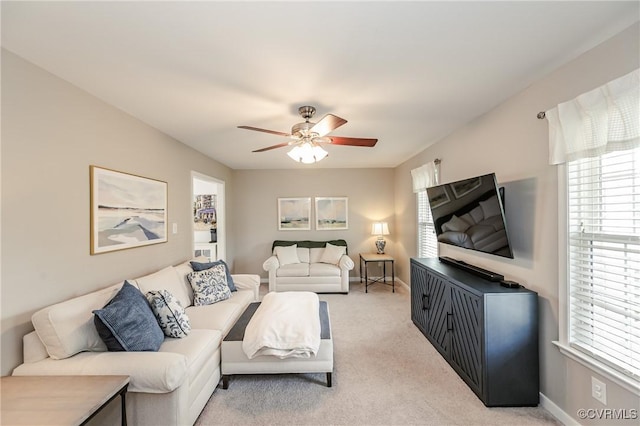 13730 Village View Dr, Midlothian, VA 23114 - living room featuring a ceiling fan, plenty of natural light, and light colored carpet