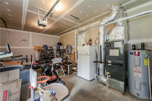 13730 Village View Dr, Midlothian, VA 23114 - garage featuring electric water heater, freestanding refrigerator, and a garage door opener