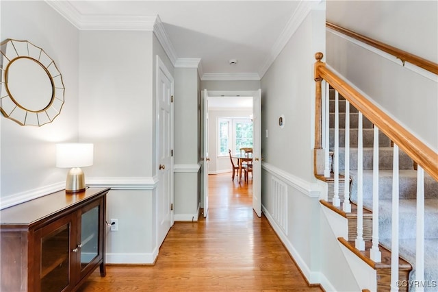 11905 Glen Gary Ct, Henrico, VA 23233 - hall with wood finished floors, crown molding, and stairway