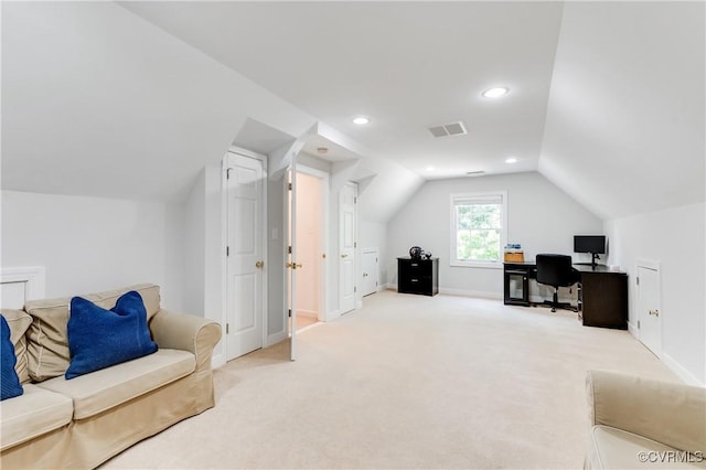 11905 Glen Gary Ct, Henrico, VA 23233 - office featuring light carpet, vaulted ceiling, and recessed lighting