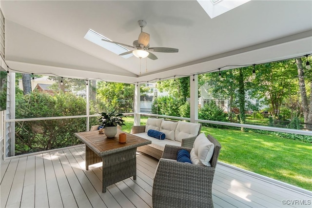 11905 Glen Gary Ct, Henrico, VA 23233 - sunroom featuring a skylight, an outdoor living space, lofted ceiling, and ceiling fan