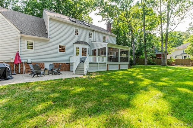 11905 Glen Gary Ct, Henrico, VA 23233 - rear view of property featuring a sunroom, a patio area, a chimney, a shingled roof, and stairs