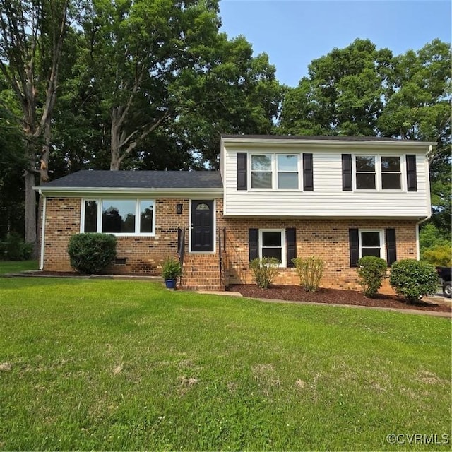 14300 Rosebud Rd, Chesterfield, VA 23838 - split level home with a front lawn, brick siding, and entry steps