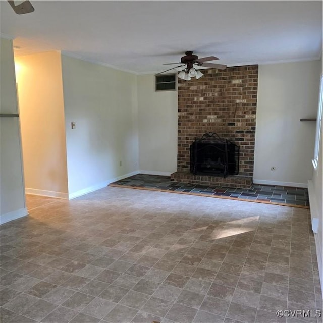 14300 Rosebud Rd, Chesterfield, VA 23838 - unfurnished living room featuring ceiling fan, crown molding, and a brick fireplace