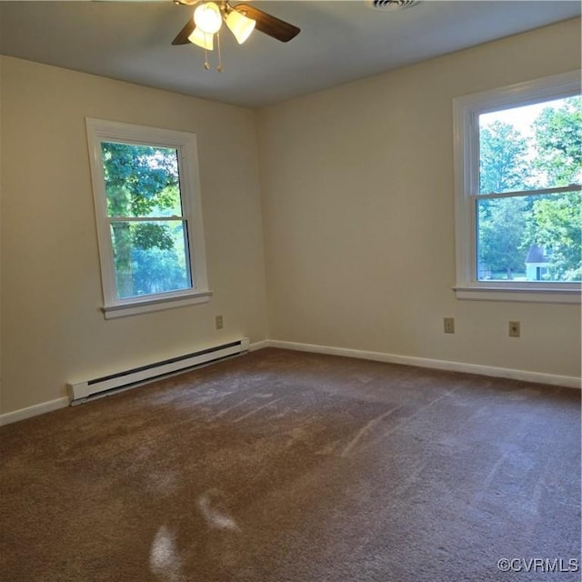14300 Rosebud Rd, Chesterfield, VA 23838 - unfurnished room featuring a baseboard heating unit, healthy amount of natural light, and dark carpet