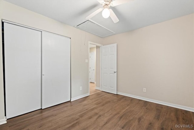 12707 Southwick Pl, Midlothian, VA 23113 - unfurnished bedroom featuring attic access, wood finished floors, a closet, and a ceiling fan