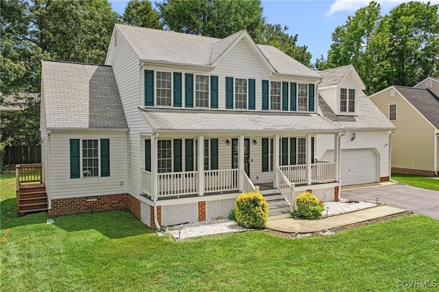 15619 Winding Ash Dr, Chesterfield, VA 23832 - colonial inspired home with covered porch, driveway, a garage, a shingled roof, and a front lawn