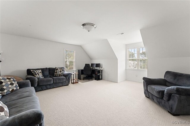 15619 Winding Ash Dr, Chesterfield, VA 23832 - living room featuring a desk, carpet flooring, and lofted ceiling