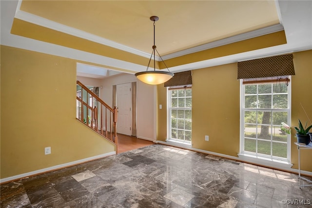 419 Carter Ln, Louisa, VA 23093 - spare room featuring a tray ceiling, stairs, and crown molding