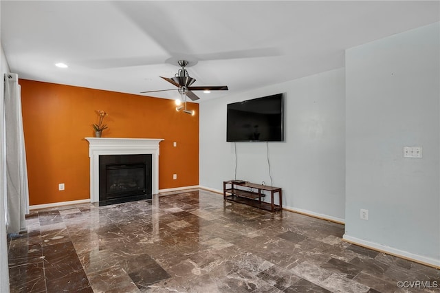 419 Carter Ln, Louisa, VA 23093 - living area featuring ceiling fan, recessed lighting, a glass covered fireplace, and marble finish flooring