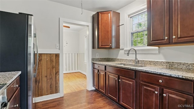2702 Pate Ave, Chesterfield, VA 23234 - kitchen with freestanding refrigerator, dark wood-type flooring, and light stone counters