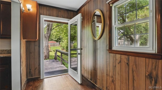 2702 Pate Ave, Chesterfield, VA 23234 - doorway to outside featuring wooden walls, wood finished floors, and healthy amount of natural light