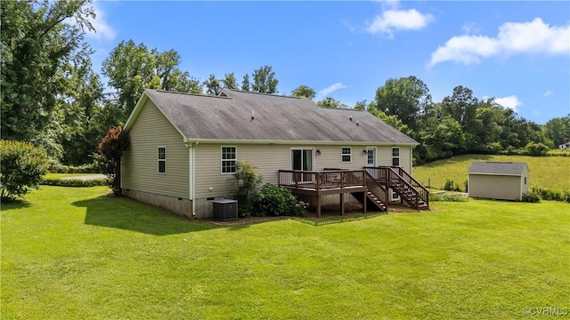 201 School Rd, Dillwyn, VA 23936 - rear view of house featuring a wooden deck, stairs, crawl space, a lawn, and roof with shingles