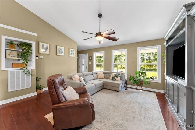 201 School Rd, Dillwyn, VA 23936 - living area with ceiling fan, dark wood-style flooring, and lofted ceiling