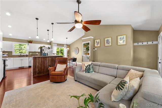 201 School Rd, Dillwyn, VA 23936 - living area featuring dark wood finished floors, a ceiling fan, plenty of natural light, lofted ceiling, and recessed lighting