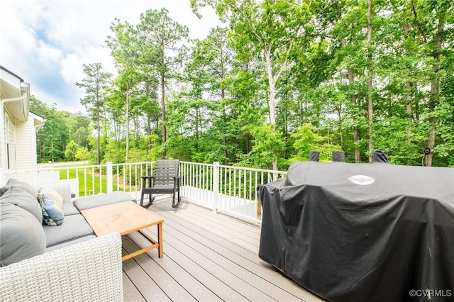 12325 Petrel Xing Unit 7, Midlothian, VA 23112 - wooden terrace featuring grilling area, outdoor lounge area, and view of wooded area
