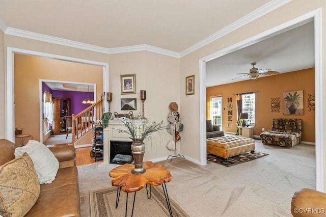 1408 Windrow Ct, Henrico, VA 23223 - living area featuring ornamental molding, stairs, and ceiling fan