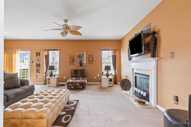 1408 Windrow Ct, Henrico, VA 23223 - living room featuring a ceiling fan, carpet floors, and a fireplace with flush hearth