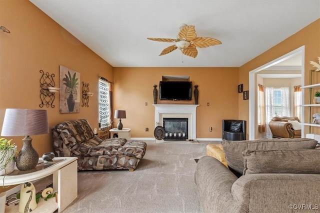 1408 Windrow Ct, Henrico, VA 23223 - living room featuring carpet flooring, ceiling fan, and a glass covered fireplace