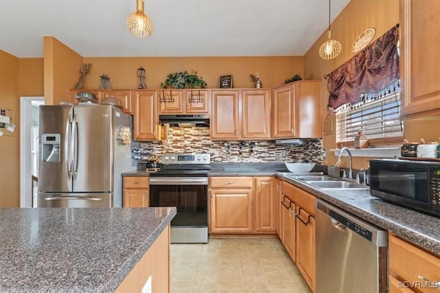1408 Windrow Ct, Henrico, VA 23223 - kitchen featuring appliances with stainless steel finishes, under cabinet range hood, dark countertops, and tasteful backsplash