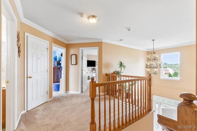 1408 Windrow Ct, Henrico, VA 23223 - hallway with an upstairs landing, light carpet, ornamental molding, and a chandelier