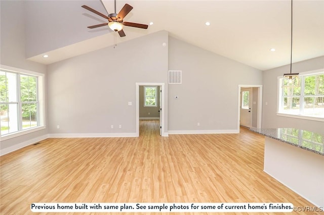 TBD Amelia Springs Road, Amelia, VA 23083 - unfurnished living room with high vaulted ceiling, plenty of natural light, ceiling fan, light wood-style flooring, and recessed lighting