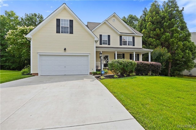 2024 Rose Family Dr, Midlothian, VA 23112 - traditional home with covered porch, a garage, a front lawn, and concrete driveway