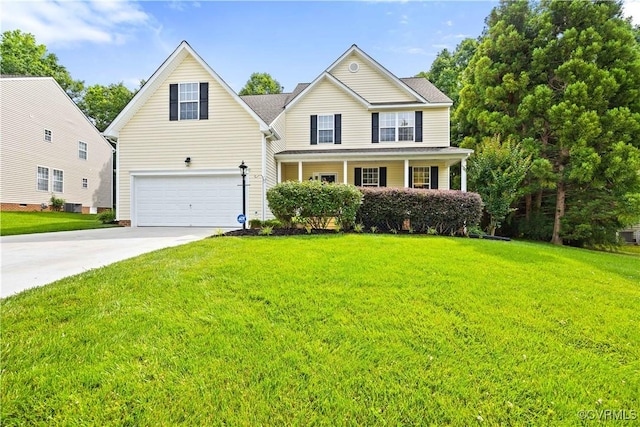2024 Rose Family Dr, Midlothian, VA 23112 - traditional-style house with an attached garage, driveway, a front yard, and covered porch