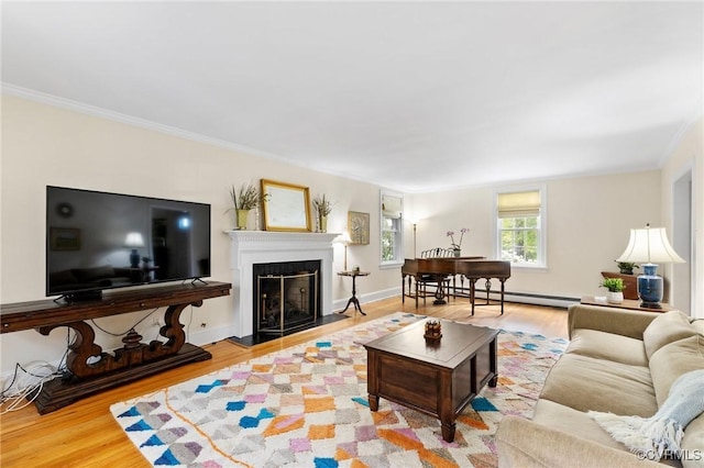 2740 Rettig Rd, Richmond, VA 23225 - living room with ornamental molding, wood finished floors, a fireplace, and baseboard heating