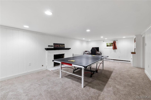 2740 Rettig Rd, Richmond, VA 23225 - rec room with carpet floors, a fireplace, recessed lighting, and a baseboard heating unit