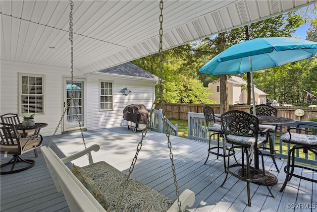 3826 Minitree Glen Dr, Providence Forge, VA 23140 - wooden terrace featuring outdoor dining space, a fenced backyard, and a grill