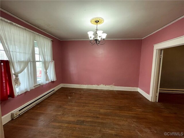 1527 National St, Richmond, VA 23231 - empty room featuring a baseboard heating unit, a chandelier, wood finished floors, and crown molding