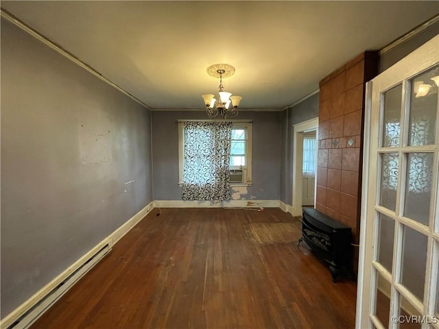1527 National St, Richmond, VA 23231 - unfurnished dining area with baseboard heating, dark wood finished floors, a chandelier, crown molding, and cooling unit