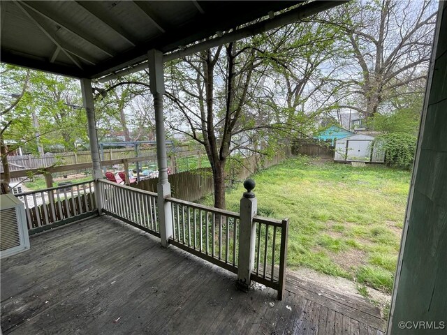 1527 National St, Richmond, VA 23231 - wooden deck featuring a fenced backyard and a storage shed