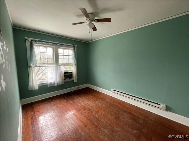 1527 National St, Richmond, VA 23231 - unfurnished room with a baseboard radiator, ceiling fan, dark wood-style floors, and ornamental molding