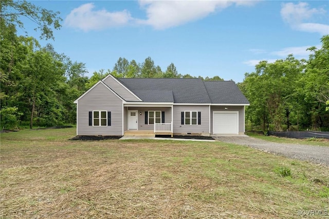 425 Palomino Dr, Louisa, VA 23093 - single story home featuring a garage, covered porch, gravel driveway, a front lawn, and crawl space