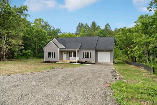425 Palomino Dr, Louisa, VA 23093 - single story home with a garage, gravel driveway, a front lawn, covered porch, and crawl space