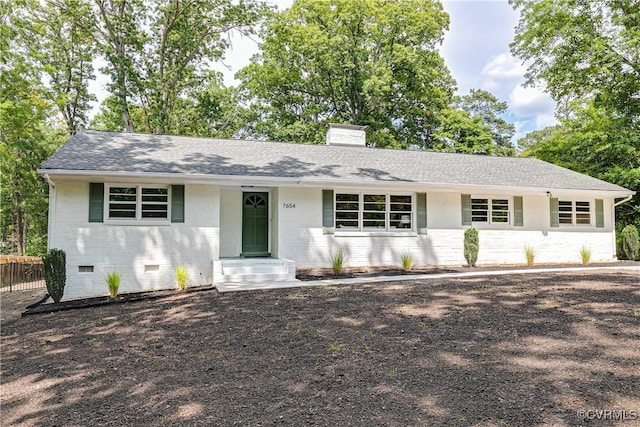 7654 Cherokee Rd, Richmond, VA 23225 - ranch-style house with brick siding, a chimney, crawl space, and a shingled roof
